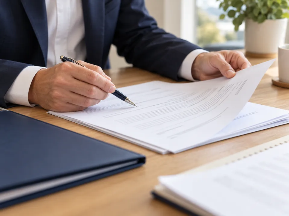 Close-up of hands carefully reviewing documents at a desk.