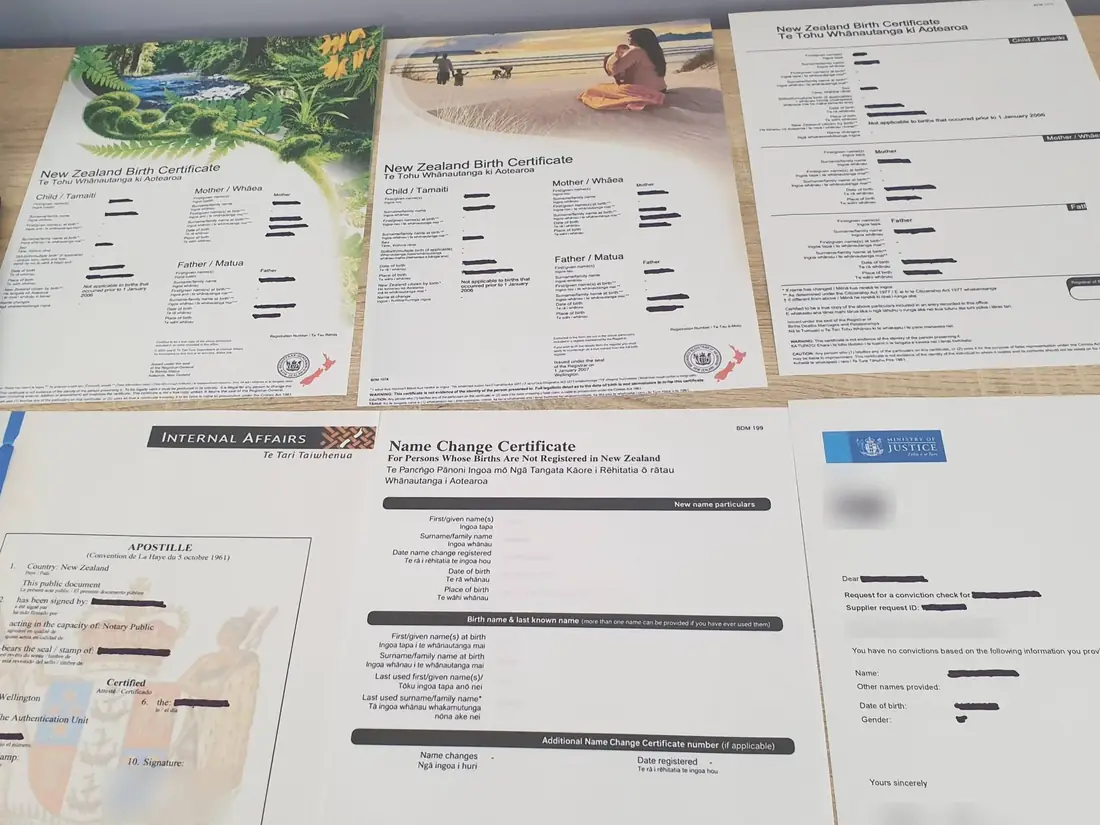 New Zealand birth certificates, an apostille, a name change certificate and a Ministry of Justice criminal record letter prepared for overseas use by NZ Document Assist